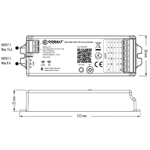 LED Controller RGB, 12-24V, 15A, CobaltElectro 5in1