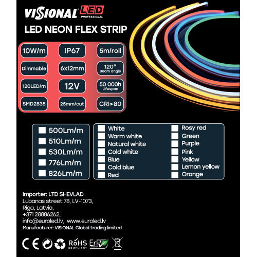 LED Neona lente 12V, 3000K, IP67, 5m, 6x12mm, NEON FLEX