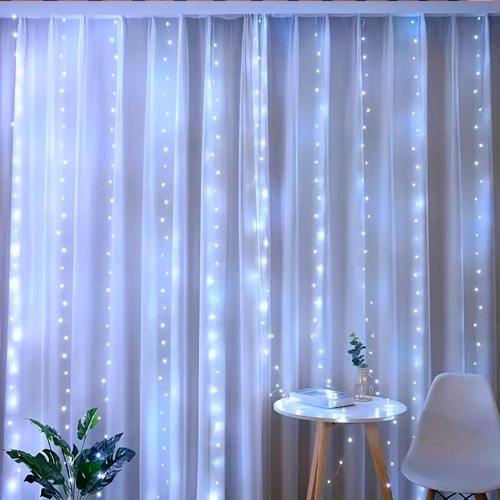 LED Christmas string - curtains copper wire with remote control and hangers, 3x1m, white, 5V USB, IP44, 100LED