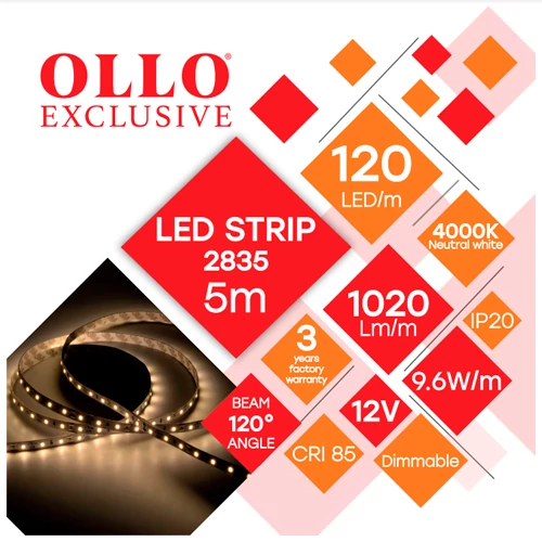 LED strip 2835, 4000K, IP20, 12V, 9.6W