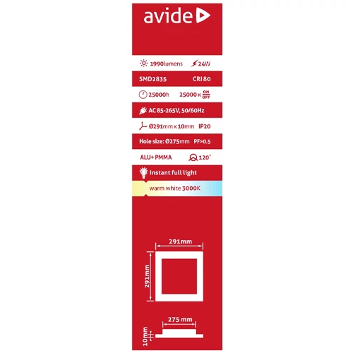 LED iebūvējams panelis 24W, 1990lm, 3000K, IP20, 120°