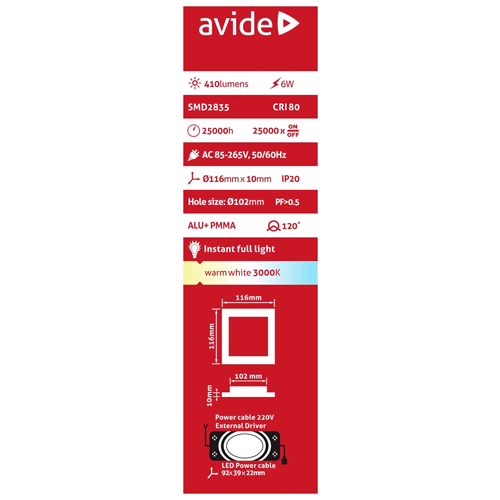 LED built-in panel 6W, 410lm, 3000K, IP20, 120°