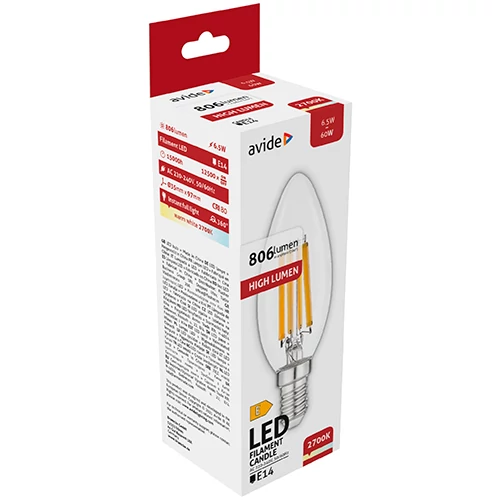 LED bulb E14, C35, 6.5W, 806lm, 2700K, filament