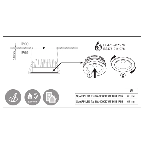 LED Fireproof recessed light 8W 4000K