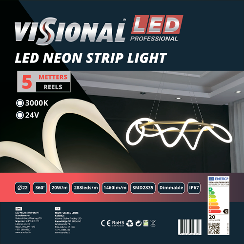 LED neona lente 5m, 3000K, IP67, 24V, 20W, NEON FLEX, Professional