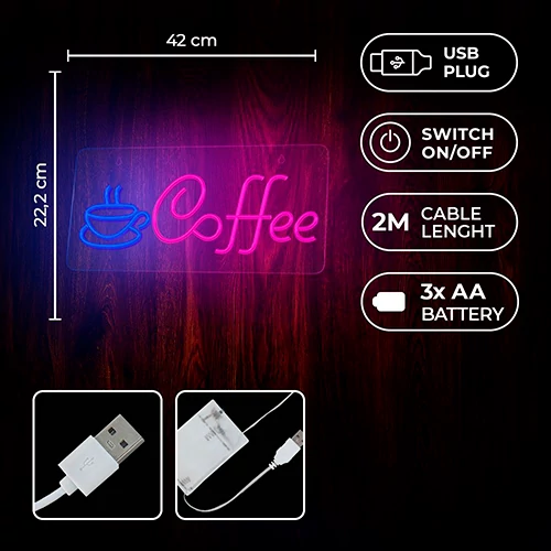 LED Neona gaismas izkārtne - COFFEE, rozā zils