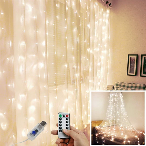 LED Christmas diode string - curtains copper wire with remote control, USB adapter and hangers