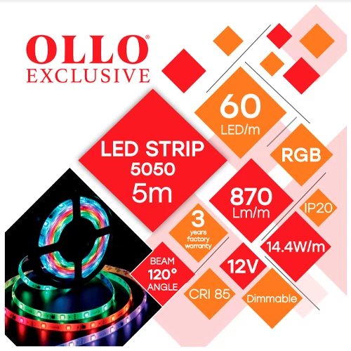 LED Strip 5050, RGB, IP20, 12V, 14.4W