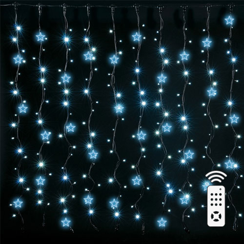 LED Рождественская диодная гирлянда - шторы на медной леске со звёздочками и пультом
