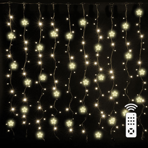 LED Рождественская диодная гирлянда - шторы на медной леске со звёздочками и пультом