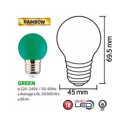 LED лампа E27, G45, 1W, 68lm, зелёная