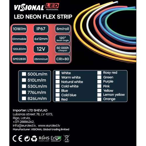 LED Neon strip 12V, 3000K, IP67, 5m, 6x12mm, NEON FLEX