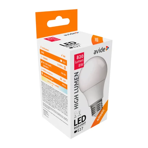 LED spuldze E27, A60, 8W, 806lm, 4000K