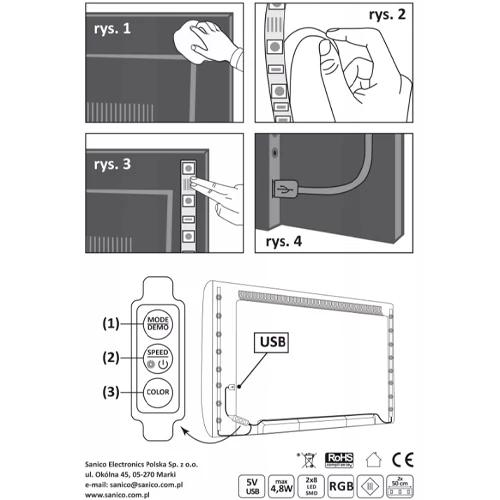 LED Lentes komplekts televizoram 2 x 50cm RGB IP20 4.8W USB