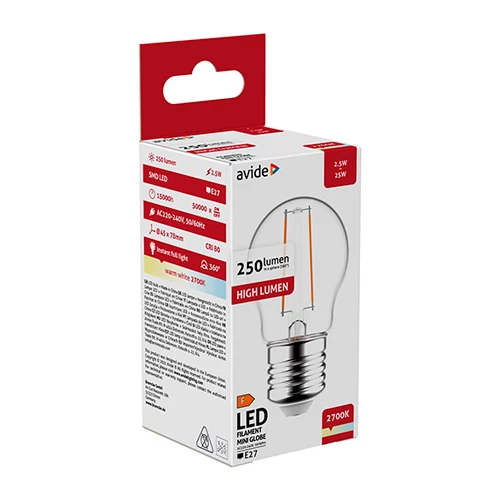 LED spuldze E27, G45, 2.5W, 250lm, 2700K, filament