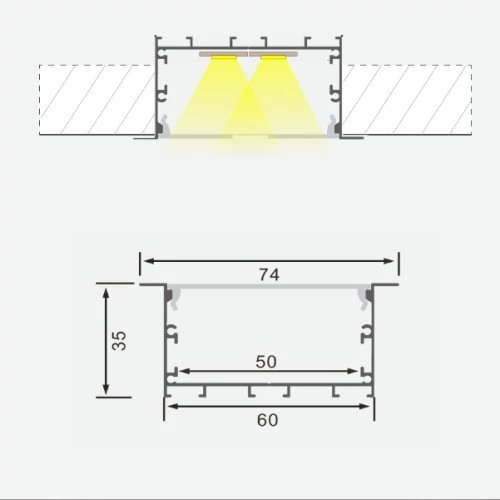 Anodized aluminum profile for 1-5 rows of LED strip HB-74X35W