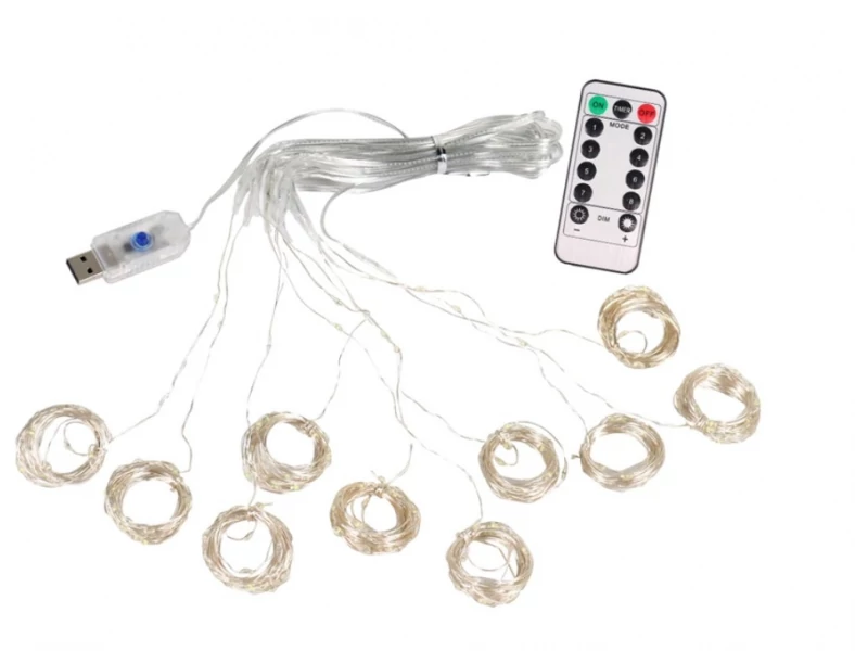 LED Christmas diode string - curtains copper wire with remote control, USB adapter and hangers