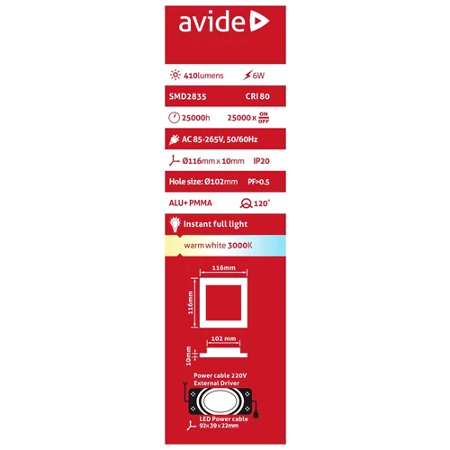 LED built-in panel 6W, 410lm, 3000K, IP20, 120°