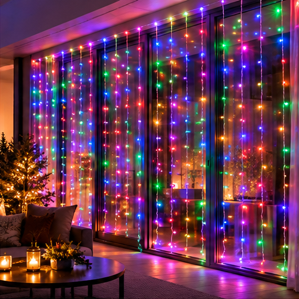 LED Christmas string - curtains, 2x2m, multicolor RGB, 400LED, 12W, IP44, USB