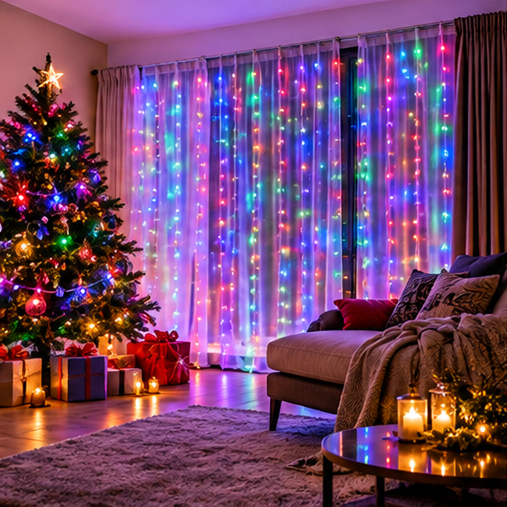LED Christmas string - curtains, 2x2m, multicolor RGB, 400LED, 12W, IP44, USB